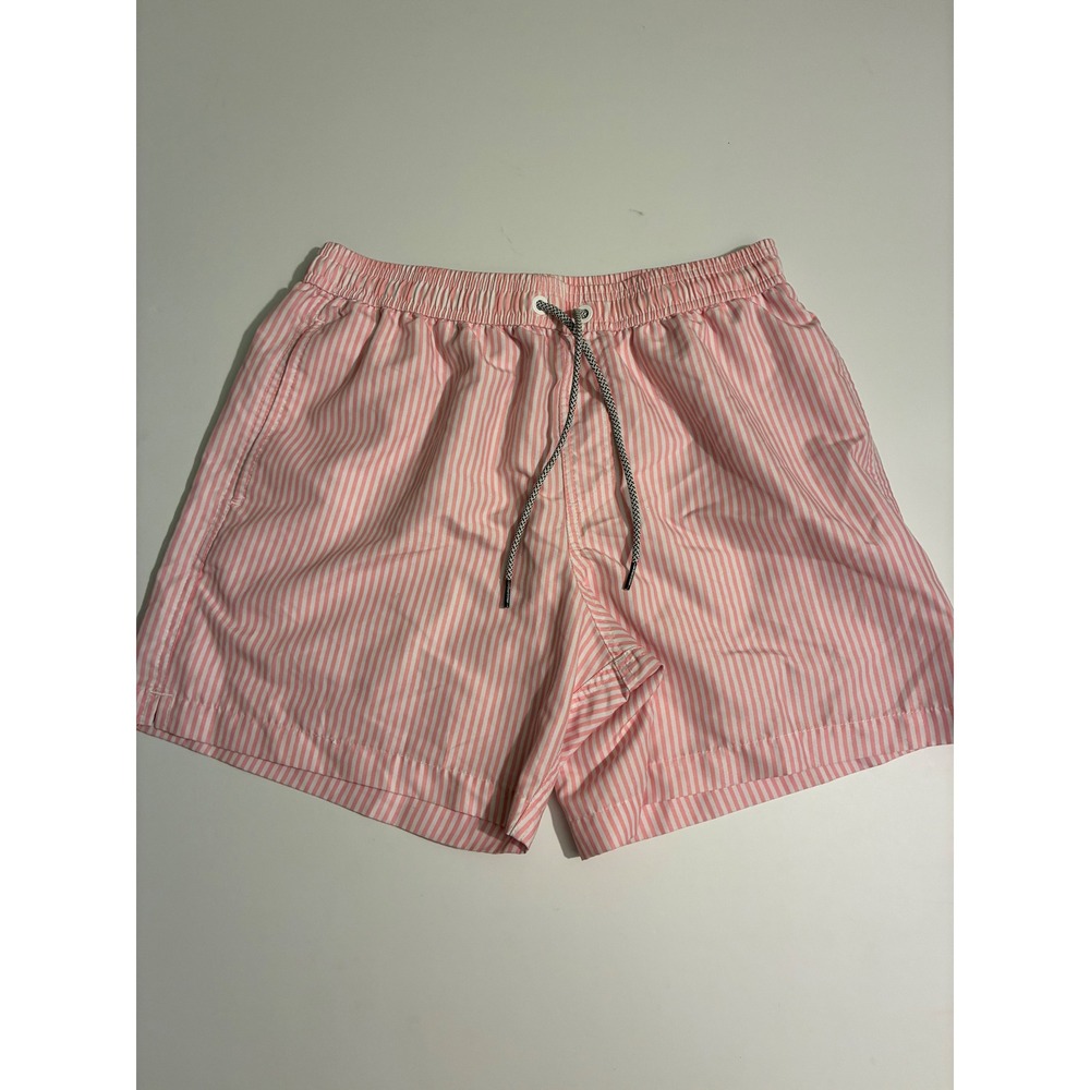 Maamgic Mens Medium Pink White Striped Swim Trunks‎ Drawstring Medium 5in Inseam